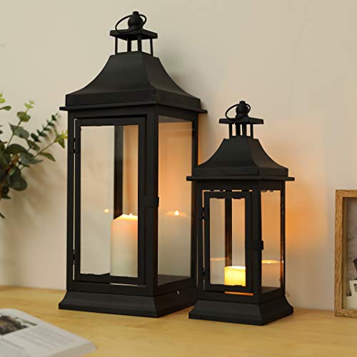 Vintage Outdoor Candle Lantern Set of 2 - Black, 13 and 19.5 Inches Tall