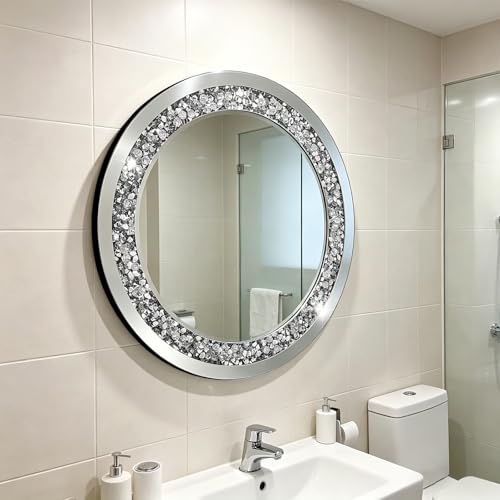28x28 Inch Crystal Crushed Diamond Round Wall Mirror - Silver Home Decor with Variation 28L x 28W