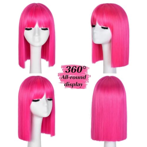Pink Hot Bob Wig for Women - Short Synthetic Straight Wig with Bangs, Adjustable Fit