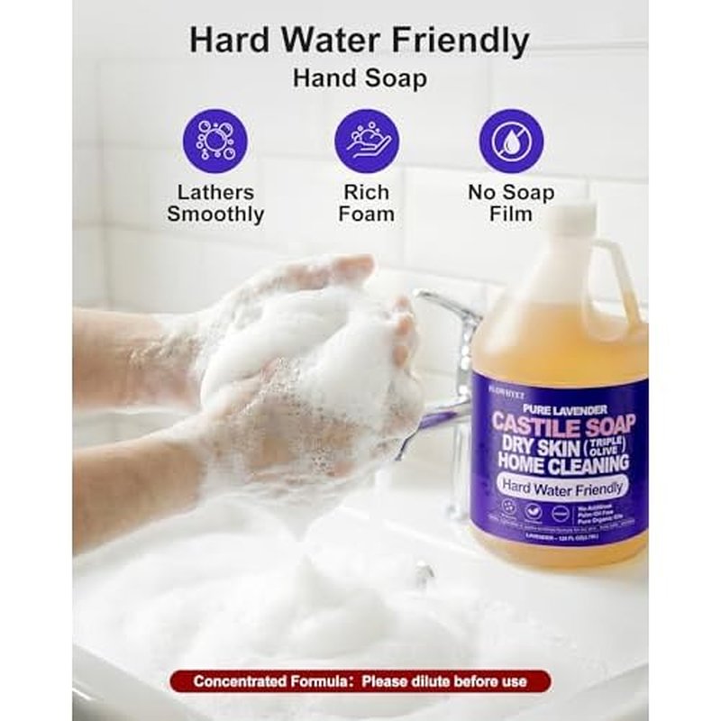 1 Gallon Pure Castile Soap Liquid Lavender, Natural Organic Hand Soap, For Dry Skin, Hand, Face, Body £¦ Home Cleaning, Vegan Hard Water Friendly- 128 fl oz