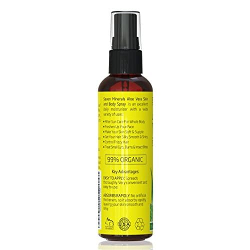 Seven Minerals Travel Size Organic Aloe Vera Spray with 100% Pure Aloe From Freshly Cut Aloe Plant, Not Powder - No Xanthan,So It Absorbs Rapidly With No Sticky Residue (2 fl oz)