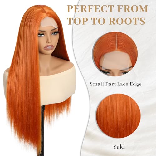 Ginger Orange Long Straight Wig 28 Inch for Women, Heat Resistant Synthetic Hair, Middle Part, Natural Look — Ellieryan