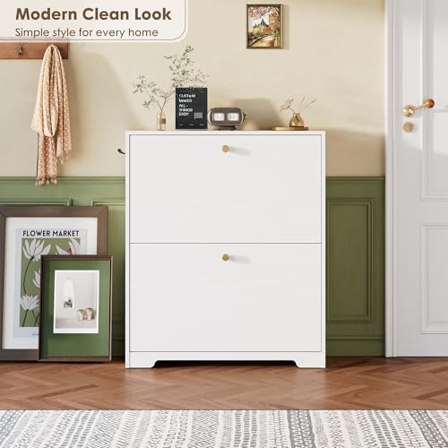 Nicetree White Shoe Cabinet with 2 Flip Drawers, Narrow Entryway Organizer