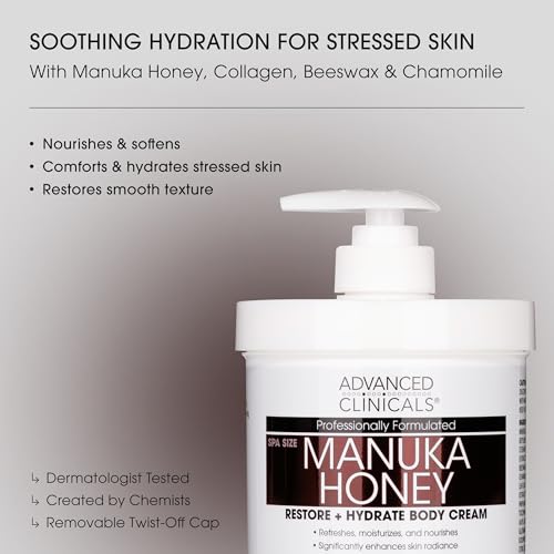 Manuka Honey Body Cream with Collagen & Vitamin E - Hydrating Moisturizer for Dry Skin - 16Oz - Pack of 2