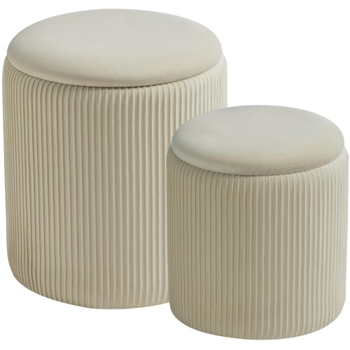 Cream Velvet Storage Ottoman Set of 2, Round Footstools with Hidden Storage