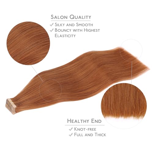 Tape in Hair Extensions Human Hair 20pcs 50g 16 Inch Dirty Ginger Remy Hair