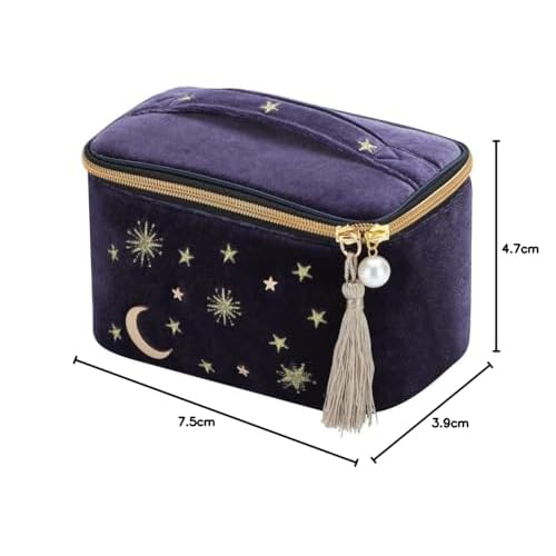 Handy cosmetic makeup bag,square Navy Velvet Embroidered Applique Moon Stars Sun Cosmetic Bag,High capacity Starry Makeup Pouch with Tassels & Pearl Zipper,Beautician Storage Bag Clutch Handbags