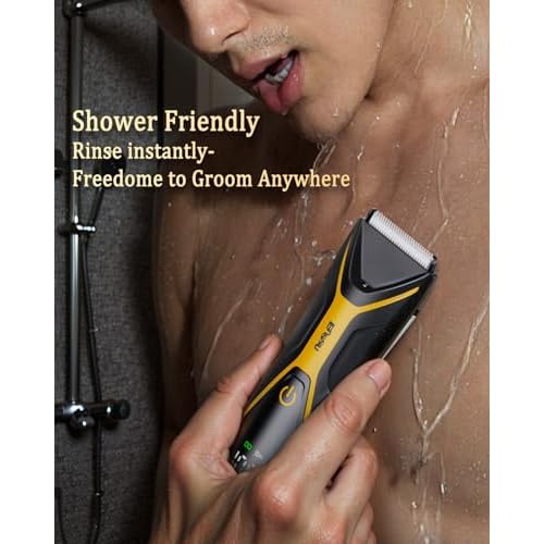 Electric Body Hair Trimmer for Men Type-C Rechargeable, Ball Pubic Trimmer Shaver Men with LED Light, Groin Body Groomer for Man, USB Recharge Dock& 1H Fast Charge, LED Display, Black+Yellow