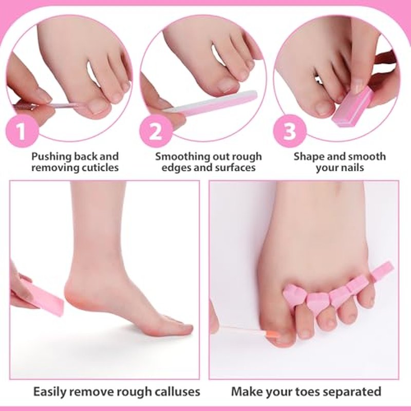 50 Sets Disposable Pedicure Kit Individually Package 5 in 1 Pedicure Tools Pumice Stone Nail File 80/100 Grit Mini Buffer Toe Separator Cuticle Pusher Clear Bag for Salon Home(Pink)