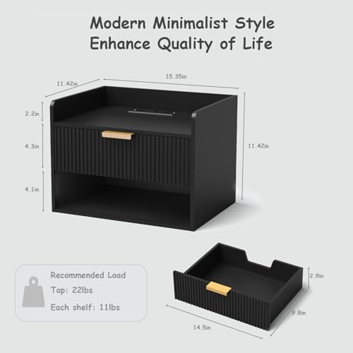 Black Floating Nightstand Set of 2 with Charging Stations & Drawer - Wall-Mounted Bedroom Furniture