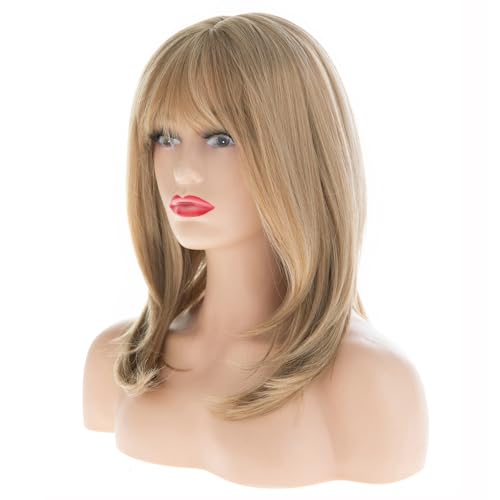 Women Blonde Bob Wigs with Bangs - Layered Natural Looking Synthetic Medium Hair for Daily & Party - Blonde