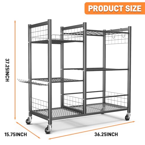 TORACK Garden Tool Stand with Wheels & Side Shelves - Heavy-Duty Yard Organizer