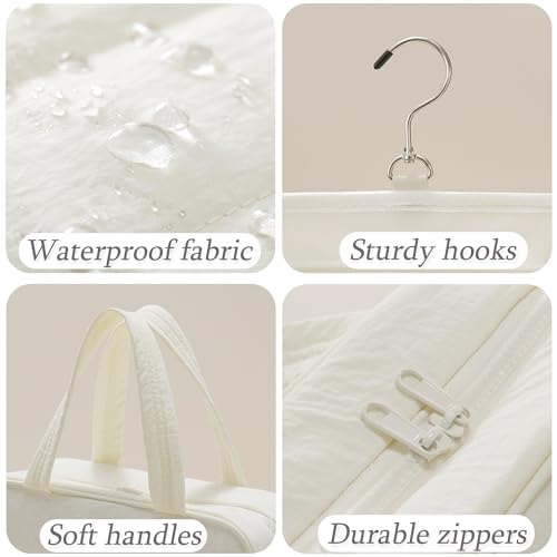 Hanging Toiletry Bag for Women, Large Capacity Travel Makeup Organizer with Hook, Waterproof Cosmetic Bag with Translucent TPU Compartments for Bathroom, Gym, Camping (Beige)