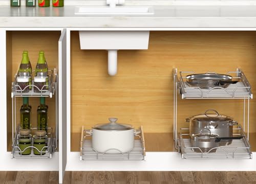 Pull Out Cabinet Organizer 2 Pack - 15W x 21D Inch Sliding Shelves for Kitchen & Bathroom