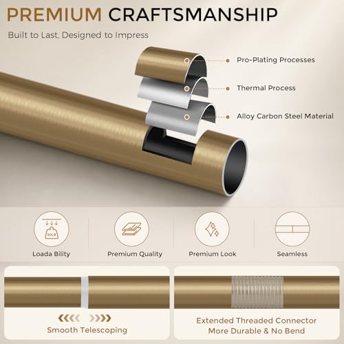 Warm Gold 2 Pack Heavy Duty Curtain Rods 36-56 Inch - Antique Brass Finish