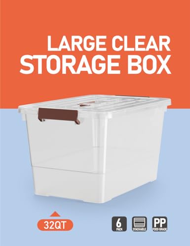 32 Qt Plastic Storage Bin with Lids & Buckles - 6 Pack, Stackable & Clear
