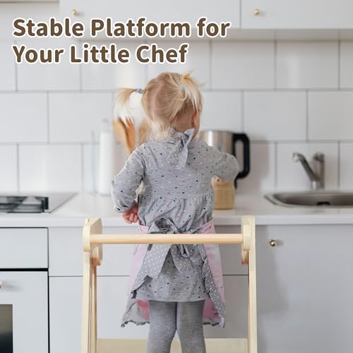 Natural Wood Foldable Toddler Learning Tower with Adjustable Heights - Preassembled Montessori Kitchen Stool for Kids 1.5-6 Years