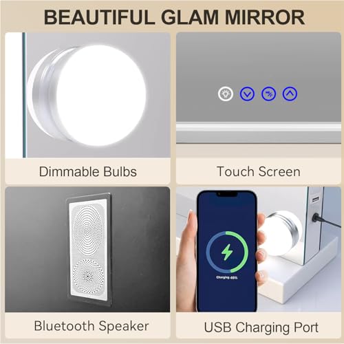 22.8 x 17.7 Inch Vanity Mirror with Lights & Bluetooth Speaker - Dimmable LED, 3 Color Modes, USB Charging Port
