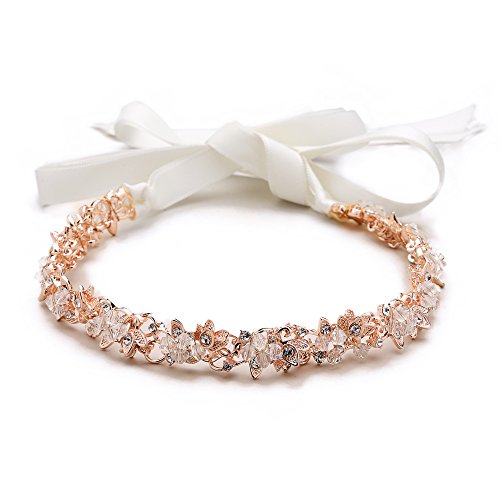 Mariell Rose Gold Blush Crystal Bridal Headband Hair Vine with Ribbon - Wedding Accessory