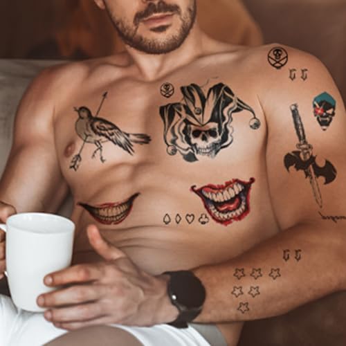 Joker Tattoos 4 Sheets,Halloween Temporary Tattoos for Men,Suicide Squad Fake Tattoo Stickers For Adults,Clown Costume Masquerade Cosplay Party Accessories Face Makeup,Large Size Waterproof