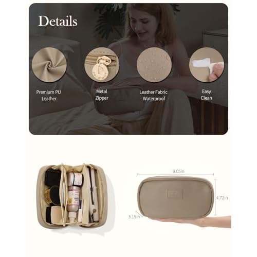 Pocmimut Makeup Bag,Open Flat Makeup Pouch Purse Car Accessories,Travel Essentials Organizer with Divider,Christmas Birthday Gifts for Mom and Lover,Apricot