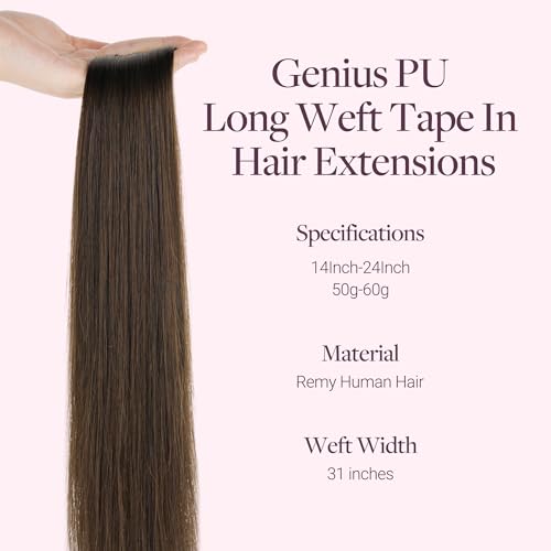 Tape In Weft Hair Extensions - 20 Inch 60g Chocolate Brown, DIY Seamless Blend
