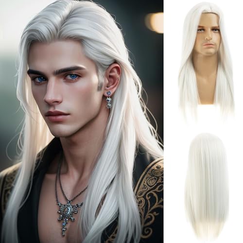 White Long Straight Synthetic Wig for Men - Heat Resistant Party Cosplay Hair