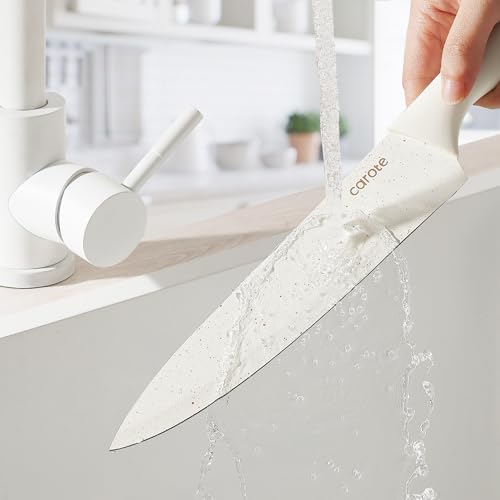 White 15-Piece Knife Set with Wooden Block & Built-In Sharpener - CAROTE
