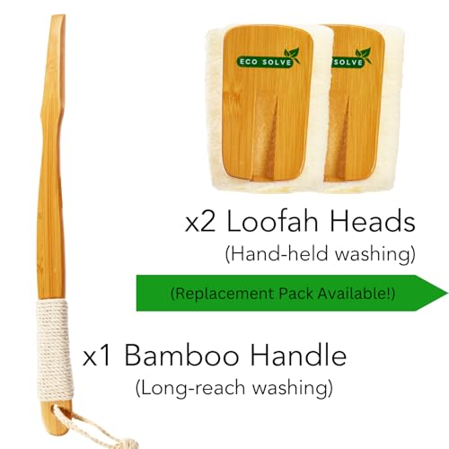 Natural Loofah Shower Scrubber w/Removable Bamboo Handle, Gentle Exfoliation, Long-Ergonomic Handle w/Hemp Rope Grip, Extra Loofah Included for Close Washing, Plastic-Free, Eco-Friendly