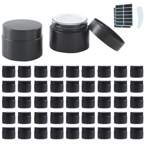 45Pack 2oz Small Glass Jars with Lids, Lotion Container, Cosmetic Containers, Little Travel Jars for Creams with Mini Spoon, Black Label (Matte Black)