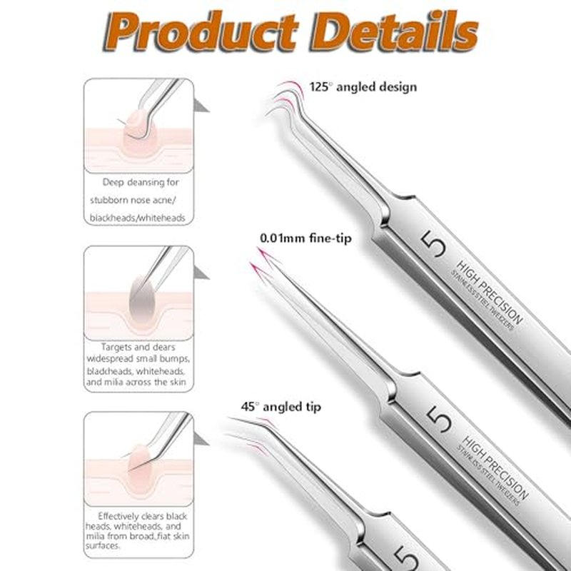 1Set(3PCS) Silver Professional Remove Blackheads Tweezers Set - Stainless Steel Straight/Slanted & Pointed Splinter/Bend Curved Blemish Extractor Tool for Acne Zit Cystic Blemish Whitehead Popping