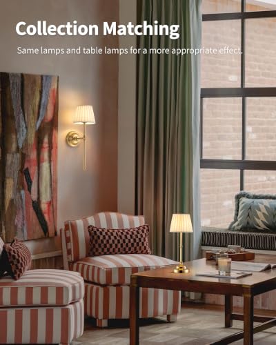Gold Cordless Wall Sconce Set of 2 with Beige Fabric Shades - Dimmable LED Wall Lamps with Remote Control