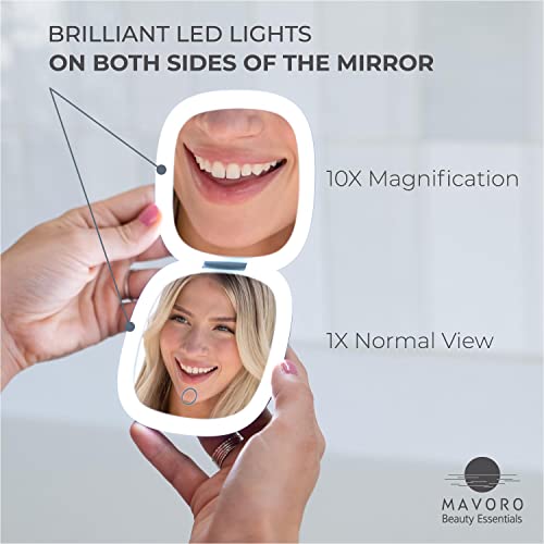 Mavoro LED Lighted Travel Makeup Mirror | 1x/10x Magnification | Rechargeable USB-C | Pocket & Purse Portable Lighted Travel Makeup Compact Mirror, Touch Sensor (Graphite Grey)