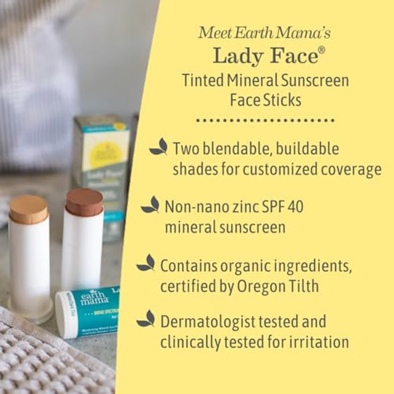 Earth Mama Lady Face¢ç Tinted Mineral Sunscreen Face Stick SPF 40 Light/Medium Tint | Contains Organic Shea & Cocoa Butter | Foundation + Concealer Blends with Most Skin Tones