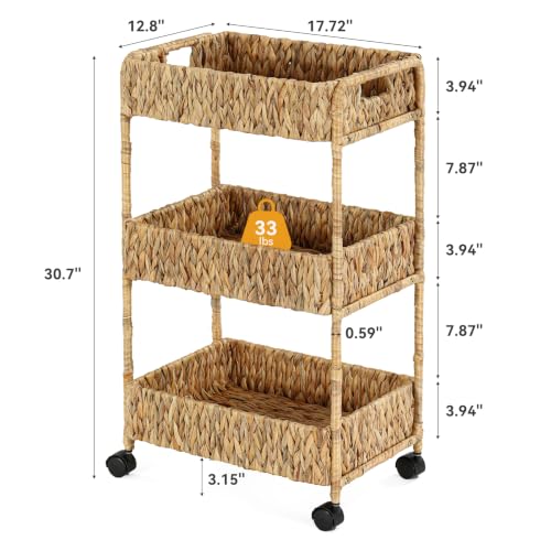 Water Hyacinth 3-Tier Rolling Cart with Wheels - Natural Brown & Black, Nursery & Home Storage