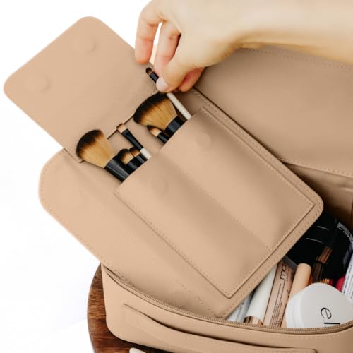 MELINE Khaki Brown Makeup Bag with Brush Holder – Large Travel Cosmetic Case