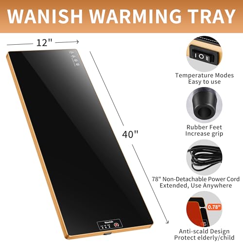 Wanish Black Extra Long 40x12 Inch Tempered Glass Food Warming Tray