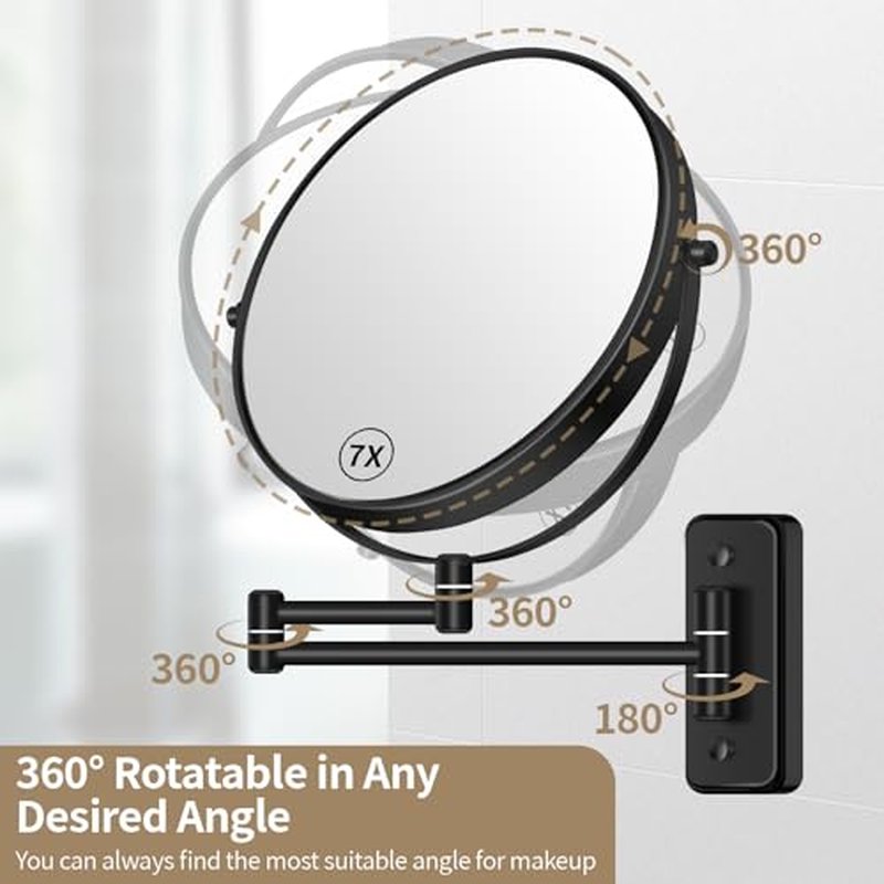 8¡± Wall Mounted Magnifying Makeup Mirror 1X/7X Wall Mount Mirror Swing Arm Two-Sided 360¡Æ Swivel Bathroom Shaving Mirror for Men and Women in Hotel/Home, Black