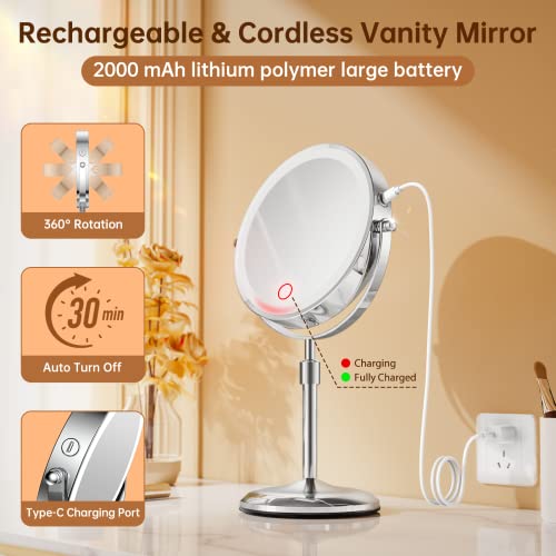 Gospire 7-Inch Lighted Makeup Mirror with 1X/10X Magnification, Silver, Height Adjustable