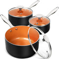 Michelangelo 3-Piece Nonstick Saucepan Set with Lids, 1 Qt, 2 Qt & 3 Qt Copper Coated Ceramic Pans