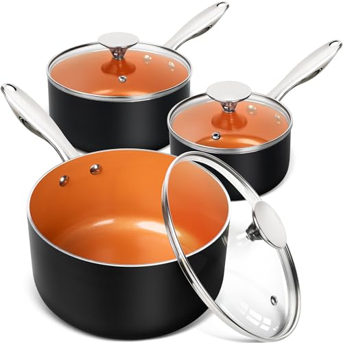Michelangelo 3-Piece Nonstick Saucepan Set with Lids, 1 Qt, 2 Qt & 3 Qt Copper Coated Ceramic Pans