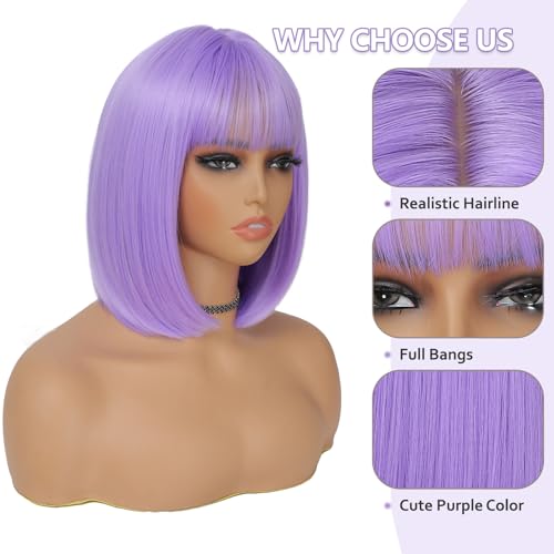 Purple Bob Wig with Bangs - 12 Inch Short Lavender Synthetic Wig for Women