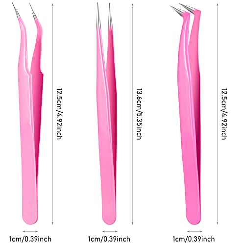 Honoson 6 Pieces Lash Eyelash Extension Tweezers Set Stainless Steel Eyelash Tweezers Straight and Curved Tip Tools Set Tweezers Nipper for Women Eyelash Extensions(Silver, Pink)