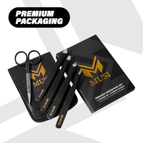 MUSI tweezers Shape Eyebrows & Remove Facial Hair, Ingrown Hair, Chin & Splinters ? Expert Tweezers Kit with Eyebrow Scissor, Professional Multipurpose tweezers kit, Stainless Steel Men & Women