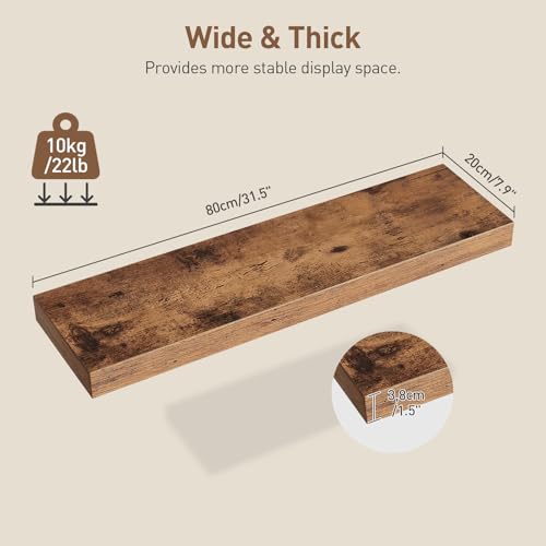 Rustic Brown Floating Wall Shelves Set of 3 - 31.5 Inch Thick Wall Storage with Invisible Brackets
