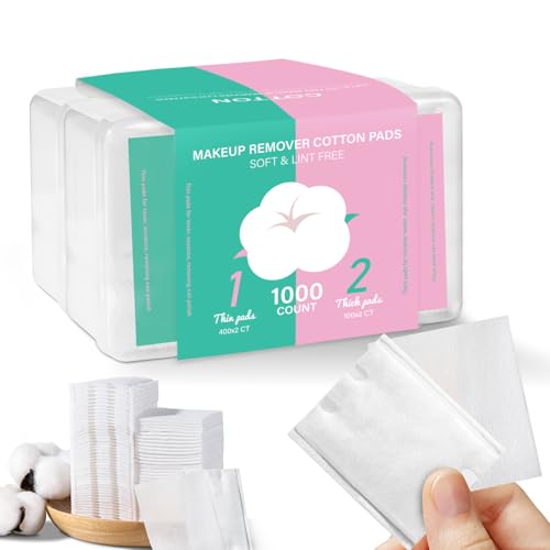 Square Makeup Cotton Pads, 200 Thick and 800 Ultra-Thin Soft, Lint-Free Pads for Makeup Removal, Toner Application and Daily Skincare