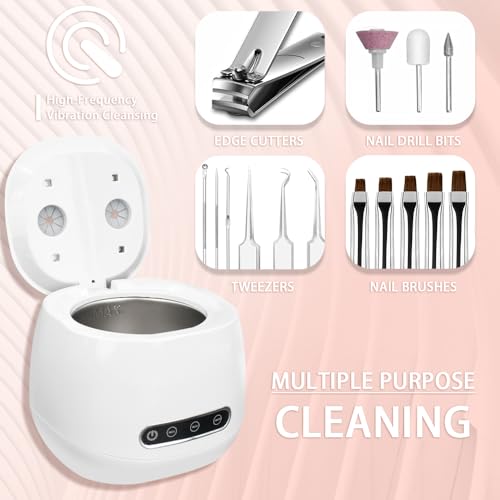 Pinkiou Off White Rechargeable Nail Tool Cleaner with 3 Timer Modes 48000Hz Deep Vibration