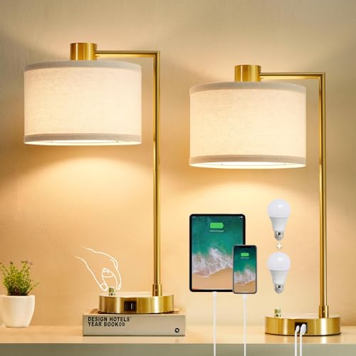 Gold Dimmable Table Lamp Set of 2 with USB-C & A Ports - Bedside Nightstand Lamps