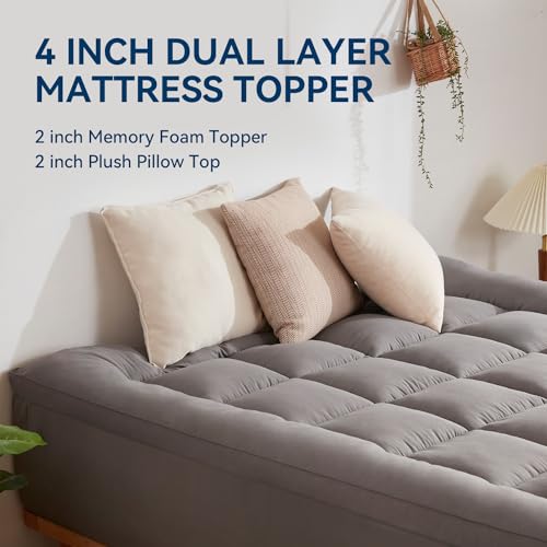 Dark Gray Twin XL Memory Foam Mattress Topper 4 Inch Dual Layer Cooling Support