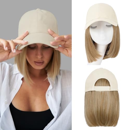 FORCUTEU 12 Inch Hat Wigs for Women Baseball Cap with Hair Extensions – Straight 27/613